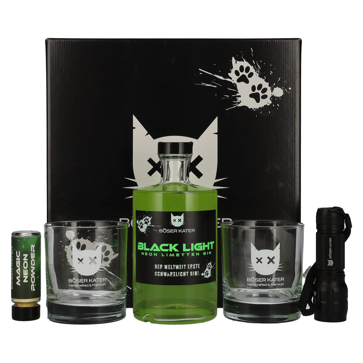 Böser Kater Gin au citron vert néon Black Light 40 % vol., 0,5 l, dans un coffret cadeau avec lampe de poche UV et verres
