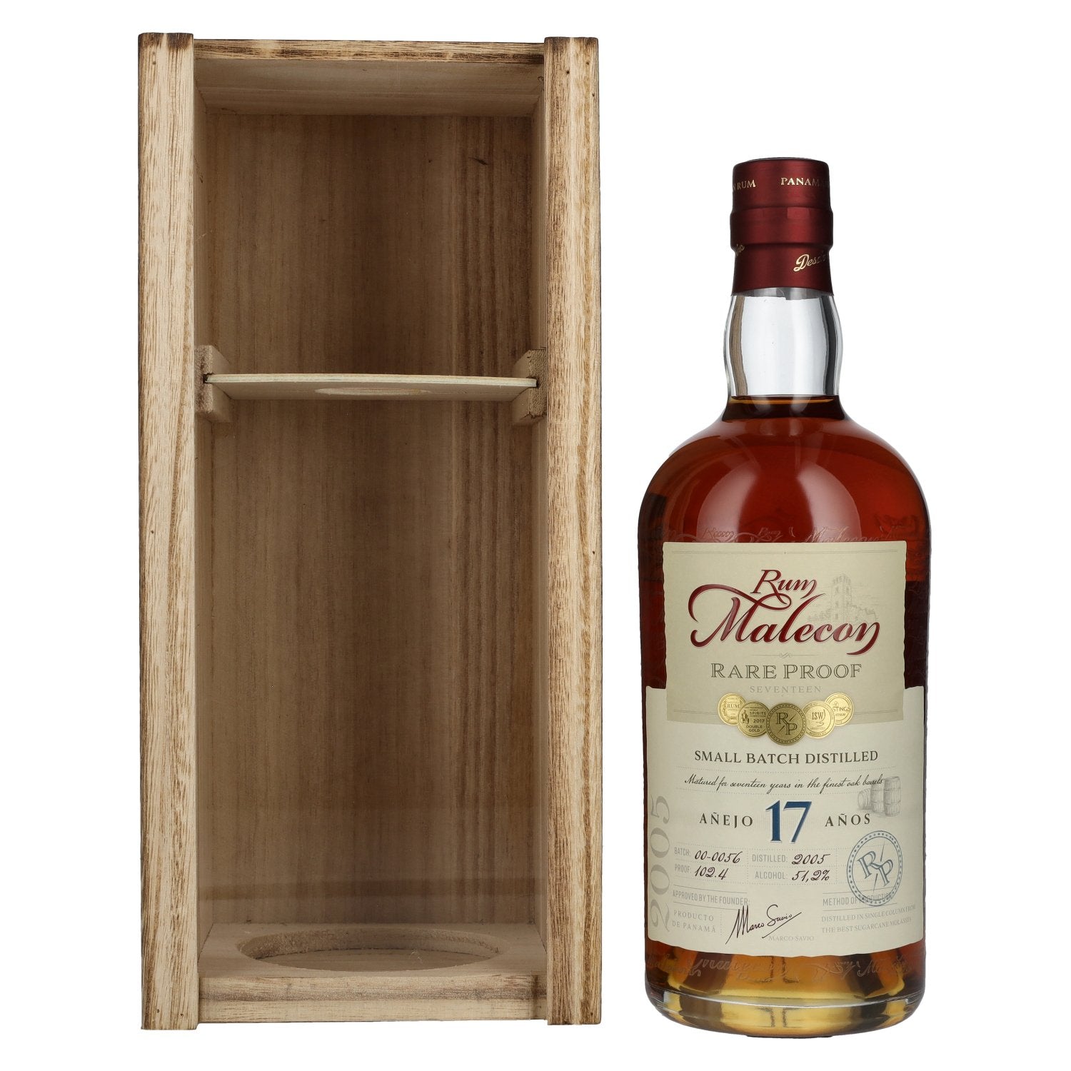 Rum Malecon Añejo 17 Años RARE PROOF 2005 51,2% Vol. 0,7l dans une caisse en bois