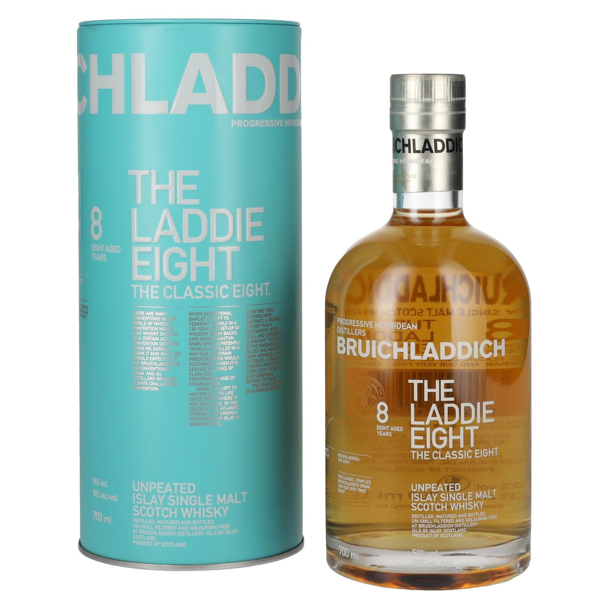 Bruichladdich THE LADDIE EIGHT 8 ans d'âge, non tourbé, 50 % vol., 0,7 l, dans une boîte en fer-blanc