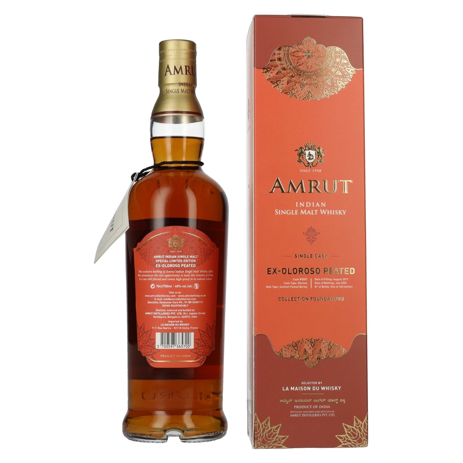 Amrut Ex-Oloroso Peated Indian Single Malt Whisky Collection Foundations 60% Vol. 0,7l in Geschenkbox