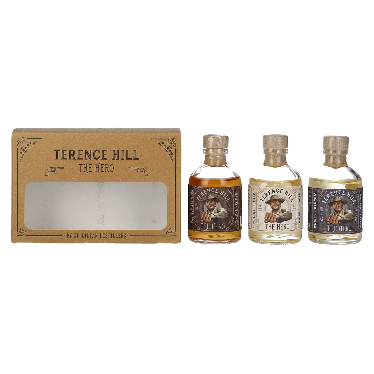 Terence Hill THE HERO-set 38,7% vol., 3 x 0,05 l in geschenkverpakking
