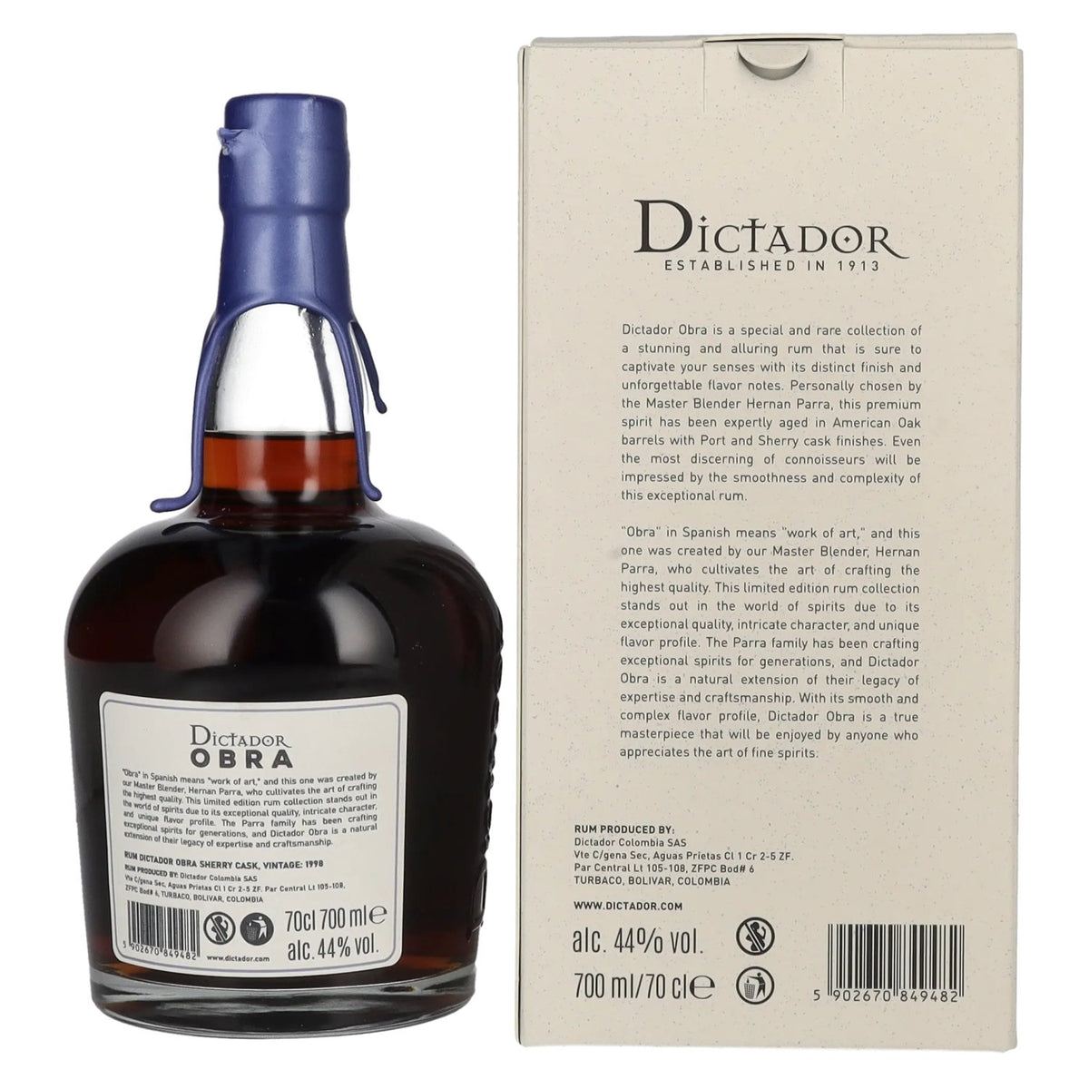 Dictador OBRA VINTAGE 25 Years Old SHERRY CASK Rum 1998 44% vol. 0.7 l in a gift box