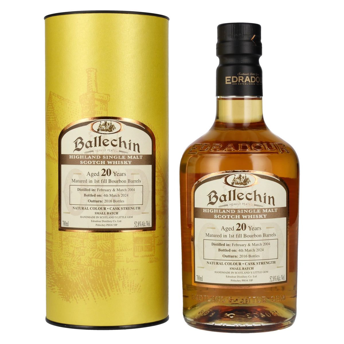 Edradour Ballechin 20 ans d'âge, élevé en fûts de bourbon, single malt des Highlands, brut de fût à 52,8 % vol., 0,7 l, dans un coffret cadeau