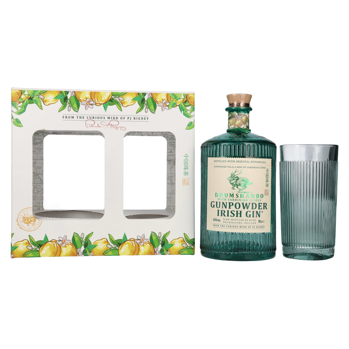 Drumshanbo Gunpowder Irish Gin met Sardijnse citrusvruchten 43% vol. 0,7 l in geschenkverpakking met glas