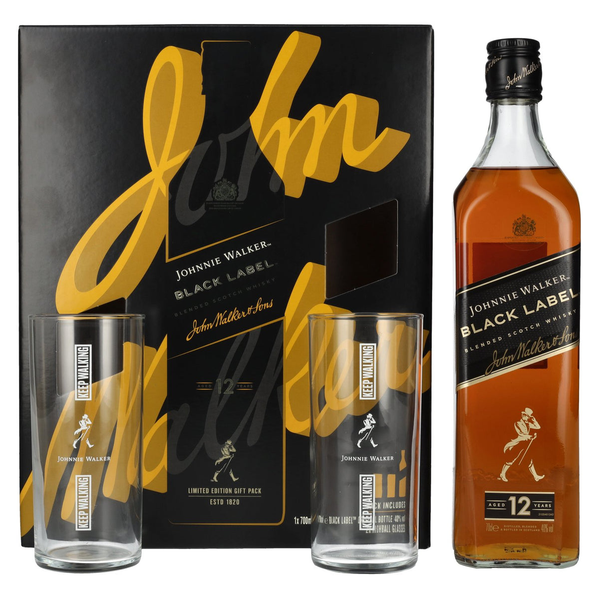 Johnnie Walker BLACK LABEL 12-Year-Old Blended Scotch Whisky, 40% vol., 0.7 litres, in a gift box with 2 highball glasses