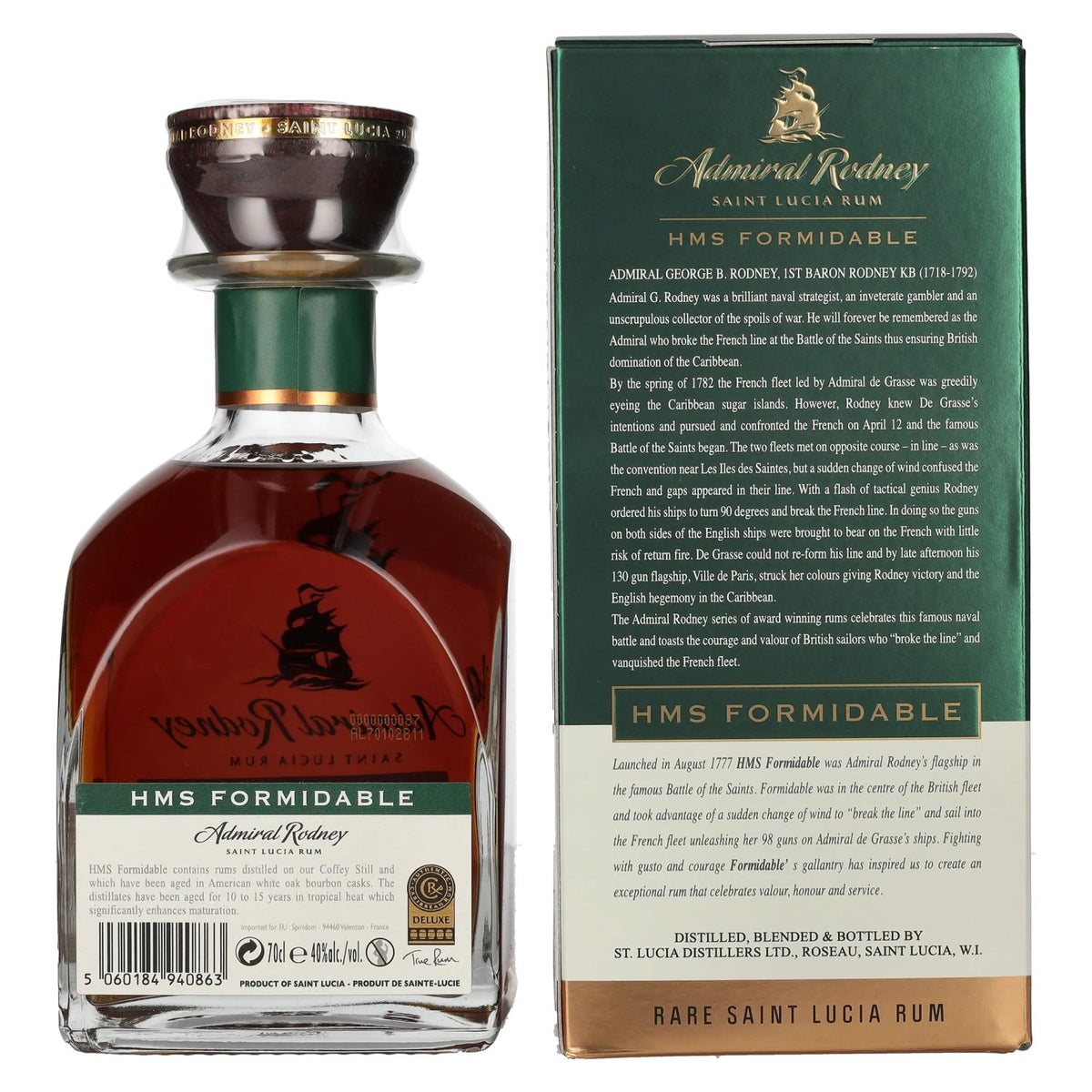 Admiral Rodney HMS FORMIDABLE Rare Saint Lucia Rum 40% ABV 0.7l in a gift box