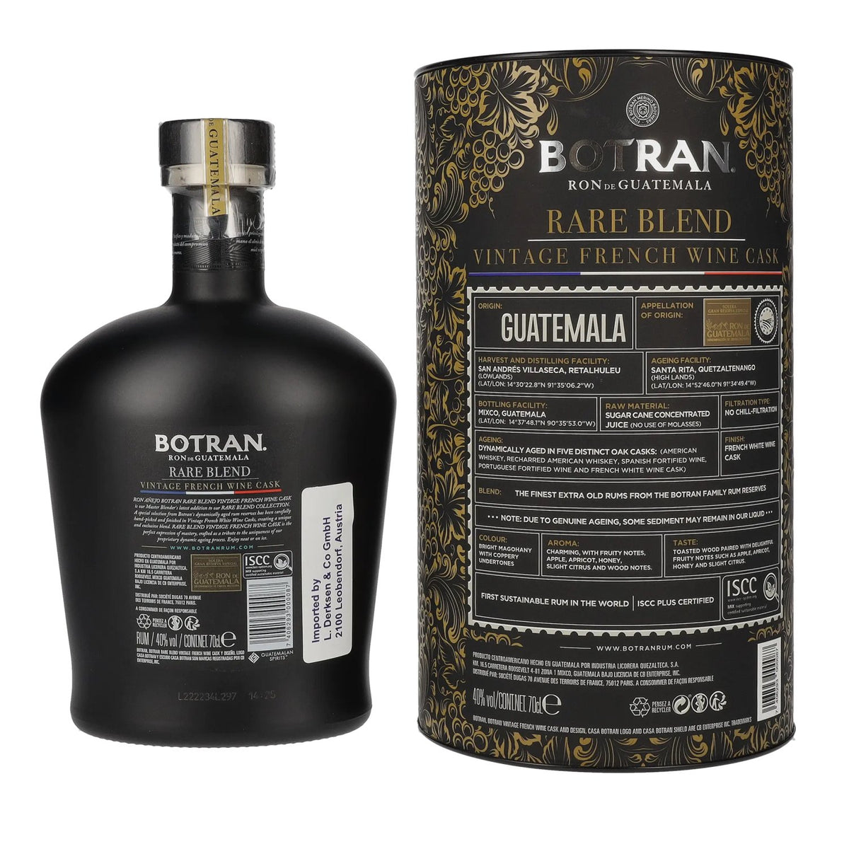 Ron Botran RARE BLEND, vieillissement en fûts de vin français, 40 % vol., 0,7 l, dans un coffret cadeau