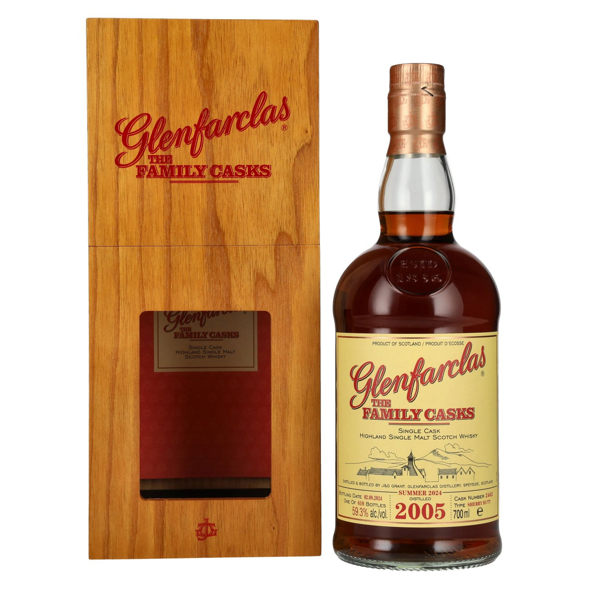Glenfarclas THE FAMILY CASKS Single Cask SUMMER 2024 Sherry Butt #2462 2005 59,3% vol. 0,7 l in houten kist