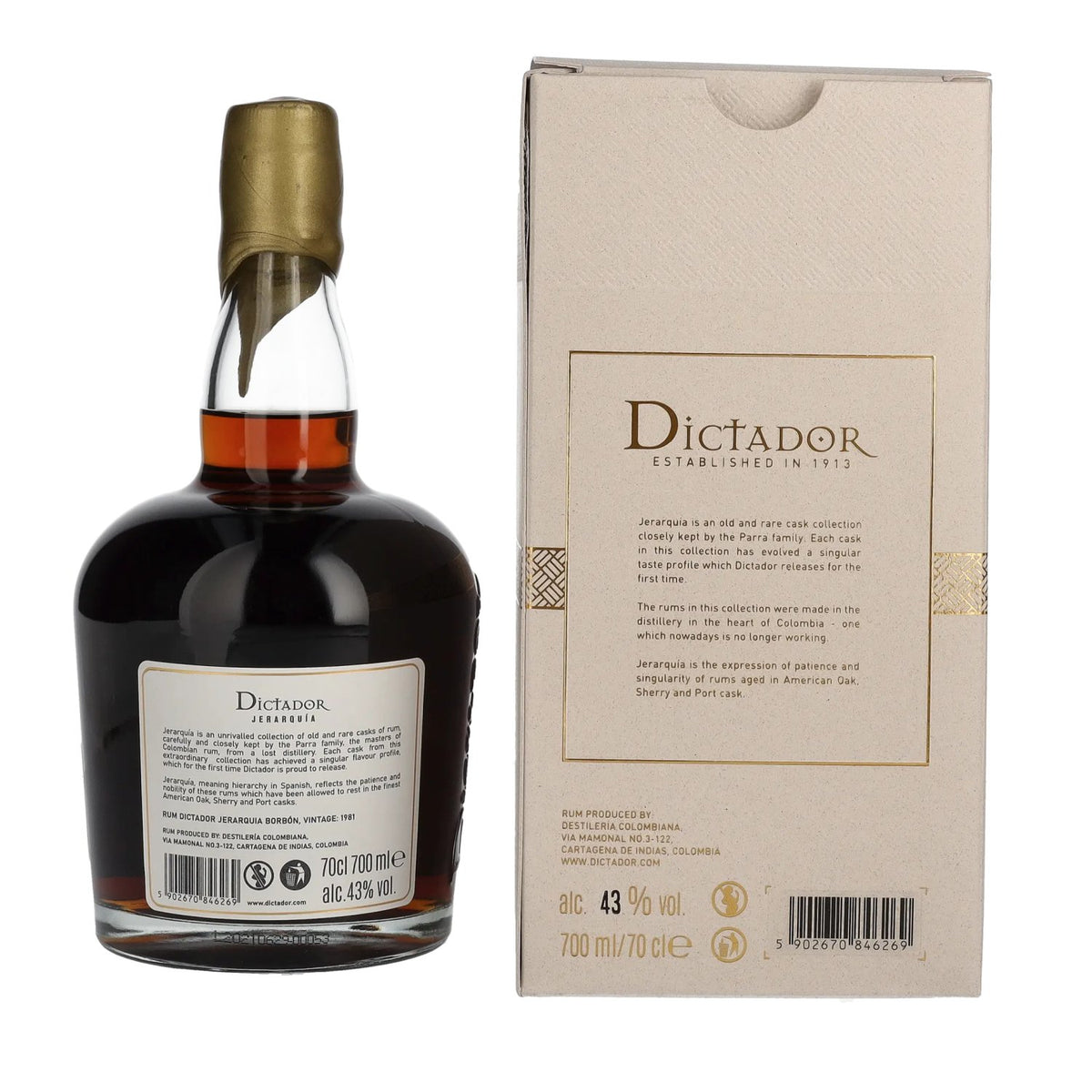 Rhum Dictador JERARQUÍA 39 ans d'âge BORBÓN 1981, 43 % vol., 0,7 l, dans un coffret cadeau