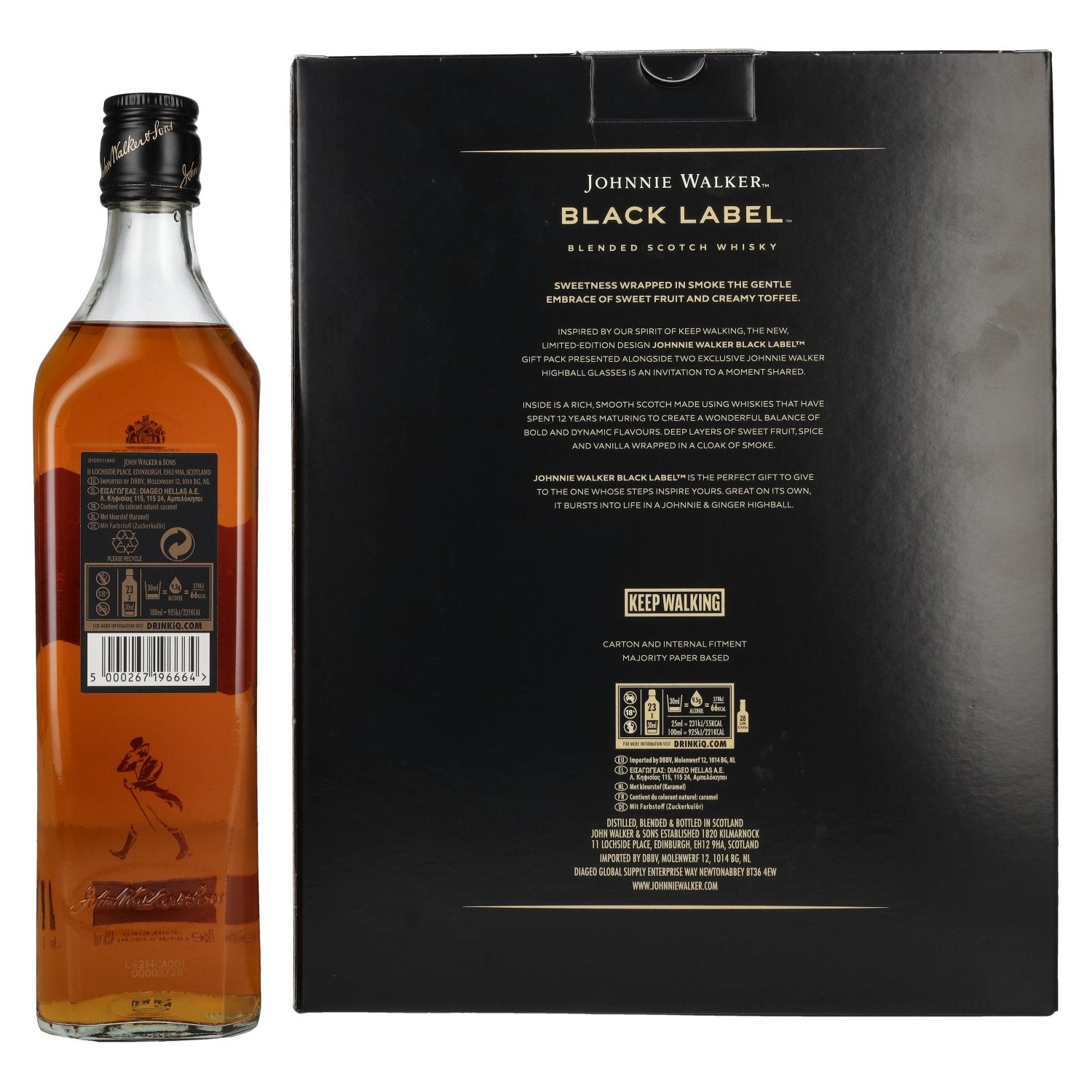 Johnnie Walker BLACK LABEL 12 Years Old Blended Scotch Whisky 40% Vol. 0,7l in geschenkverpakking met 2 highball glazen