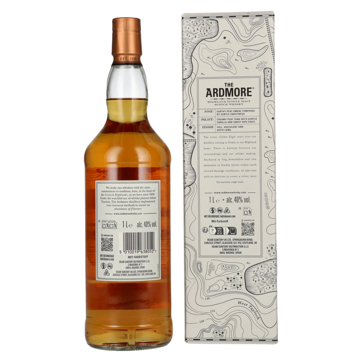 The Ardmore TRADITIONAL Peated Highland Single Malt 40% ABV 1 litre in a gift box