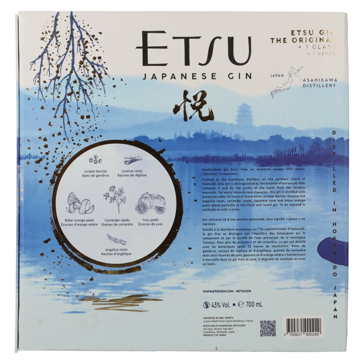 Etsu Japanse handgemaakte gin The Original 43% Vol. 0,7l in geschenkverpakking met glas