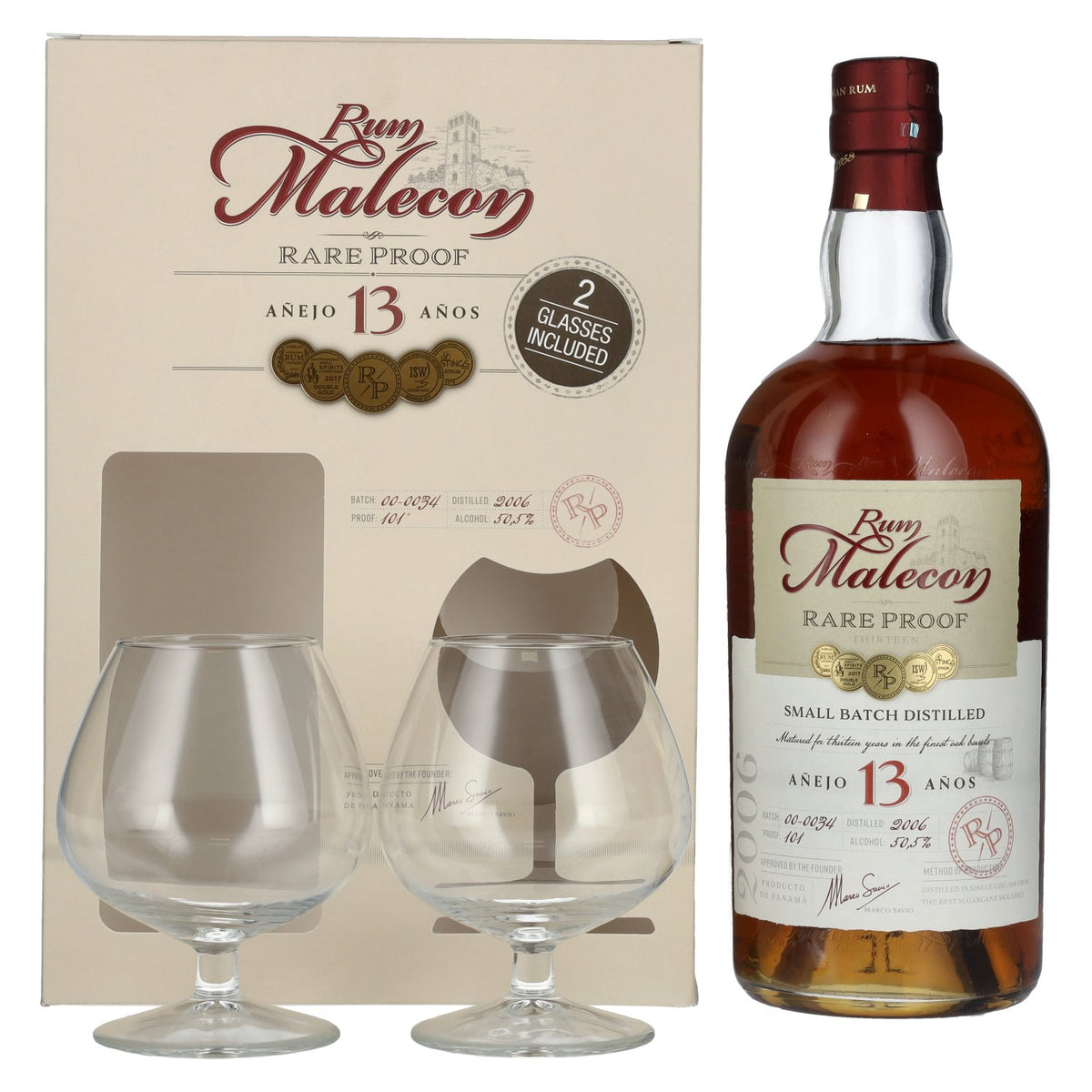 Rum Malecon Añejo 13 Años RARE PROOF 2006 50,5% Vol. 0,7l in Geschenkbox mit 2 Gläsern