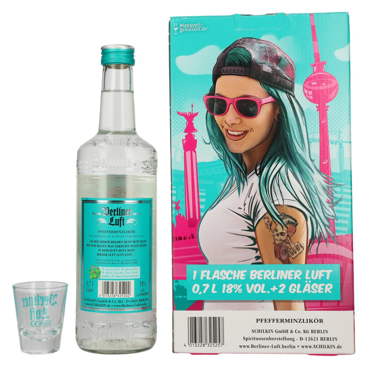 Berliner Luft DE FRISSE pepermuntlikeur 18% vol. 0,7 l in geschenkverpakking met 2 glazen