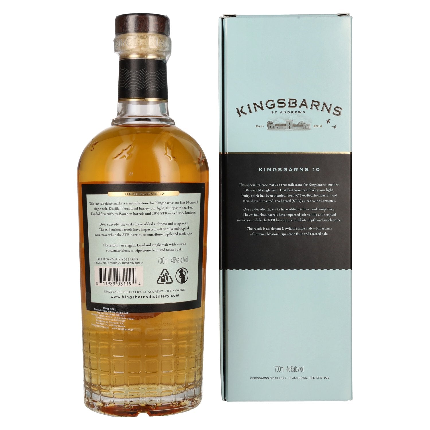 Kingsbarns 10 Years Old Lowland Single Malt Scotch Whisky Limited Release 46% Vol. 0,7l in geschenkverpakking