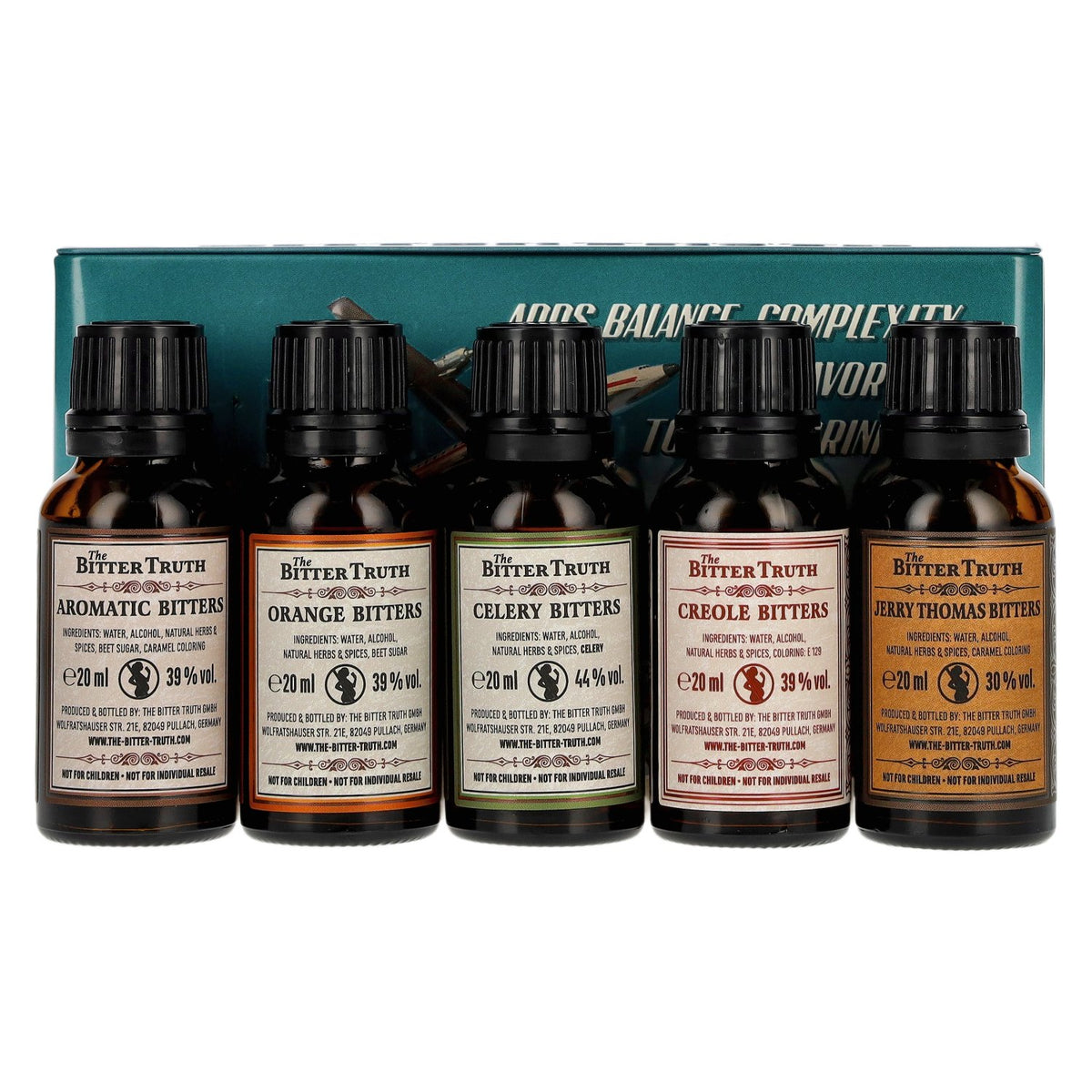 Coffret de voyage « The Bitter Truth » de bitters pour cocktails, 38,2 % vol., 5 x 0,02 l, dans une boîte en fer-blanc