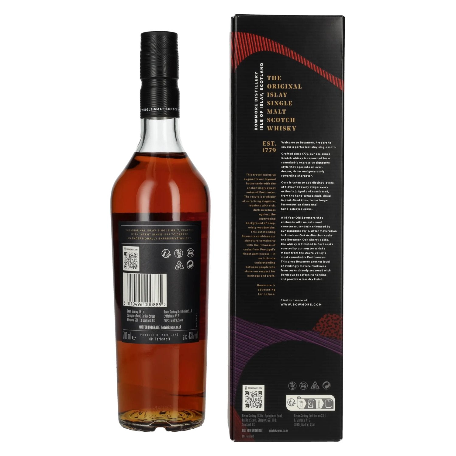 Bowmore 16 Years Old Ruby Port Cask Finish Islay Single Malt 43% Vol. 0,7l in geschenkverpakking