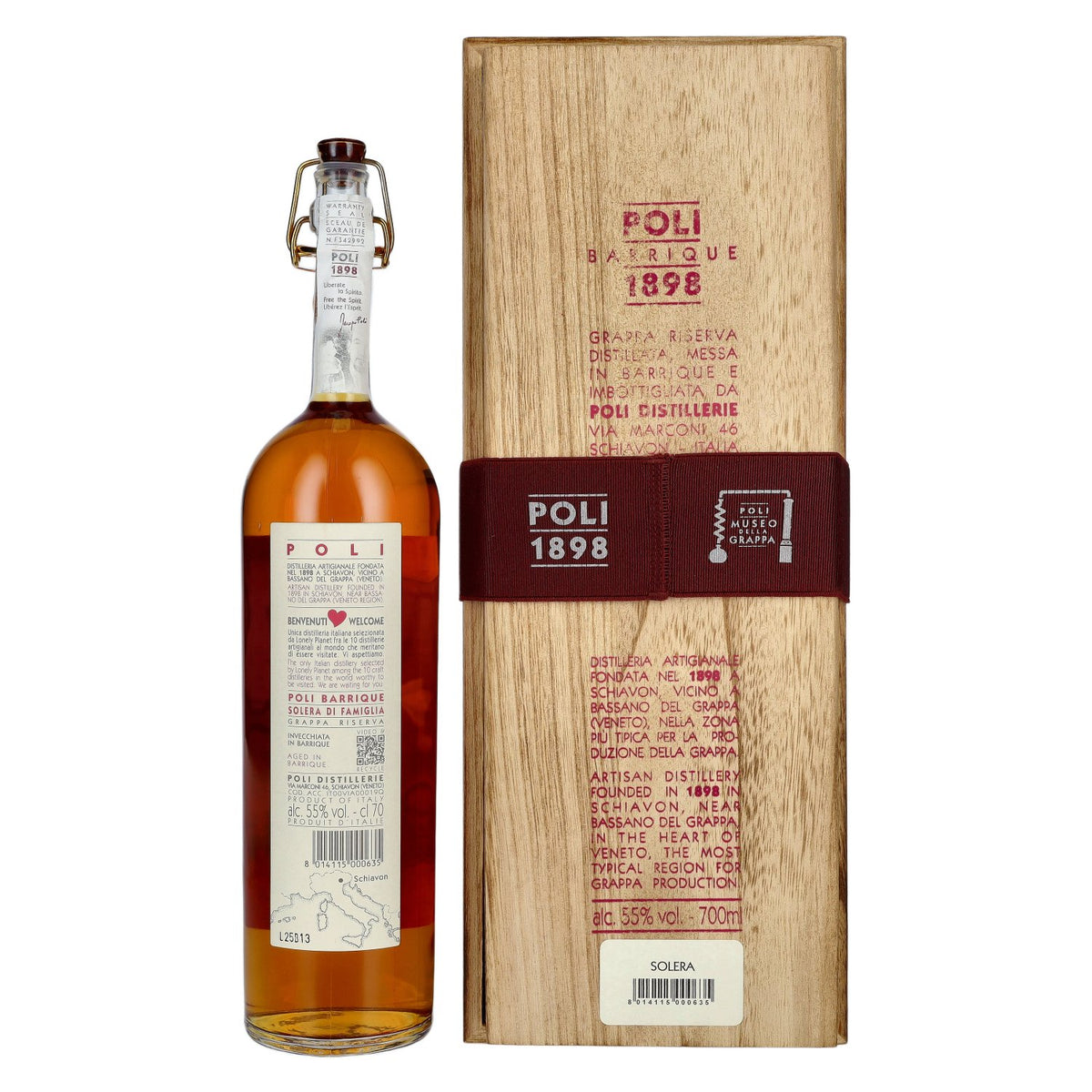 Poli Grappa Barrique 1898 Solera di Famiglia 55% vol. 0,7 l in houten kist