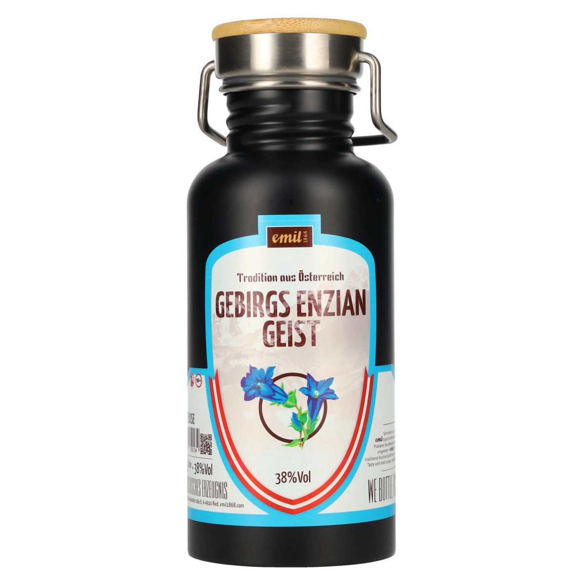 emil 1868 Gebirgs Enzian Geist 38% vol. 0,5 l in roestvrijstalen kan