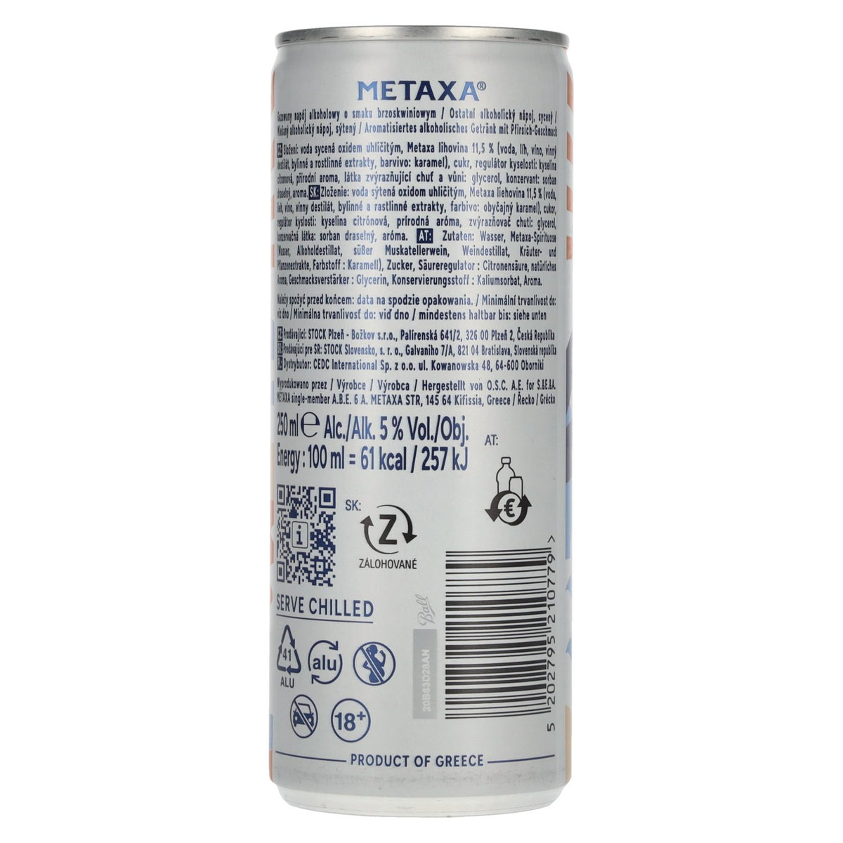Metaxa Peach Spritz Griekse cocktails, kant-en-klaar, 5% vol., 12 blikjes van 0,25 l, statiegeld