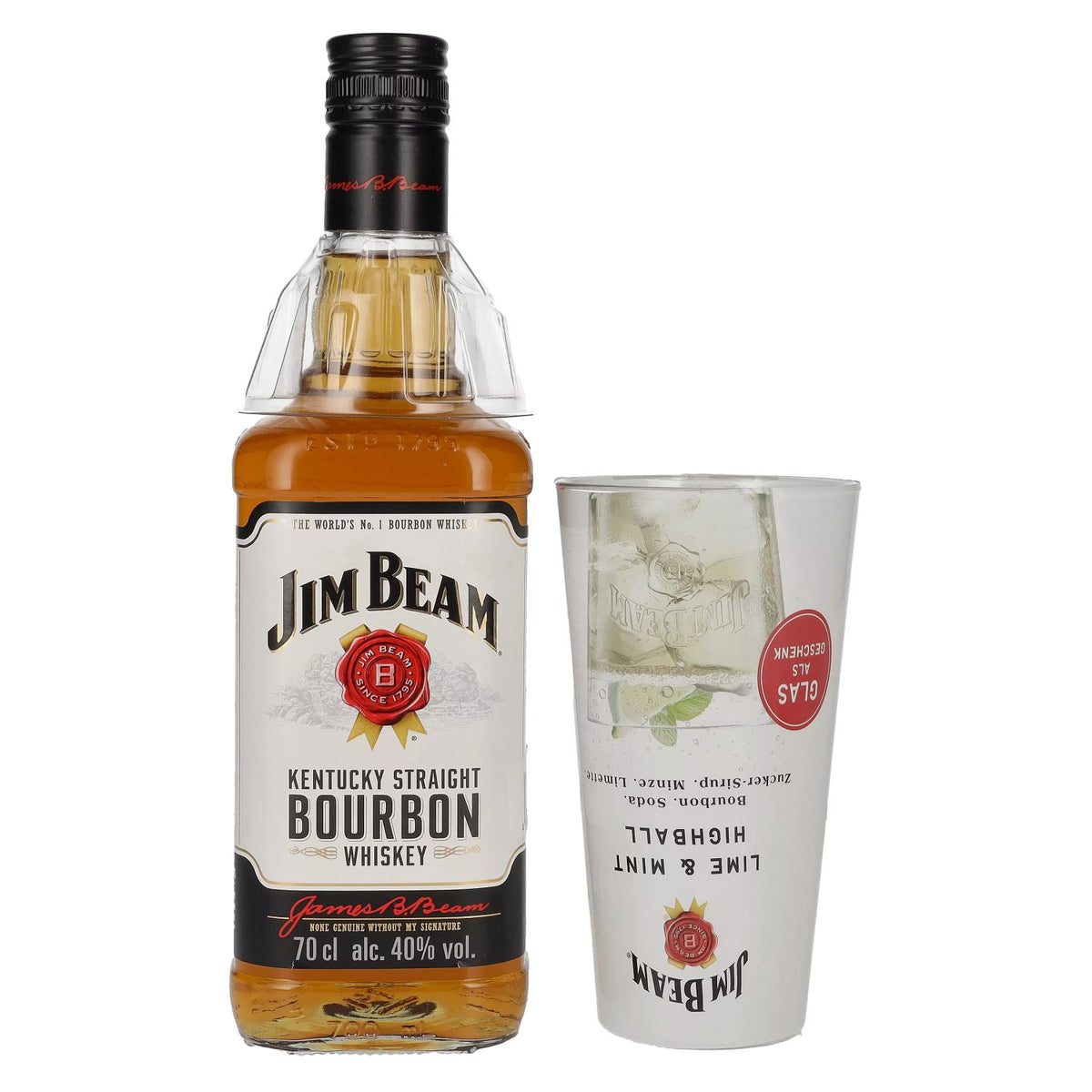 Jim Beam Kentucky Straight Bourbon Whisky 40% ABV, 0.7 litres, with a highball glass