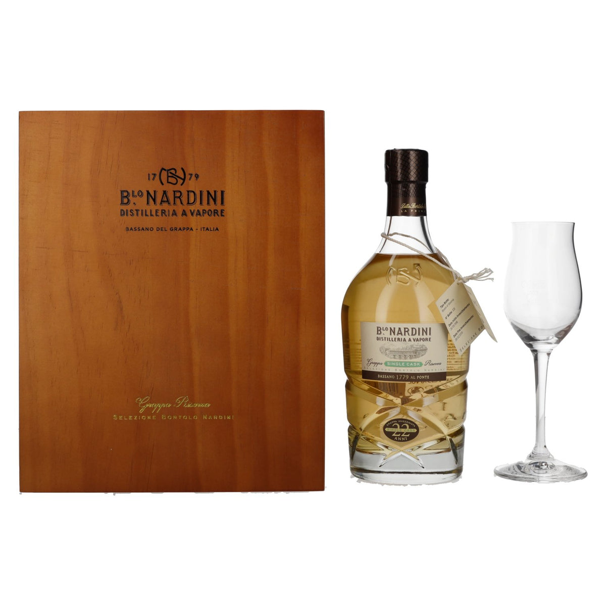 Grappa Nardini Riserva 22 ANNI Single Cask 45 % vol., 0,7 l, dans un coffret en bois avec un verre