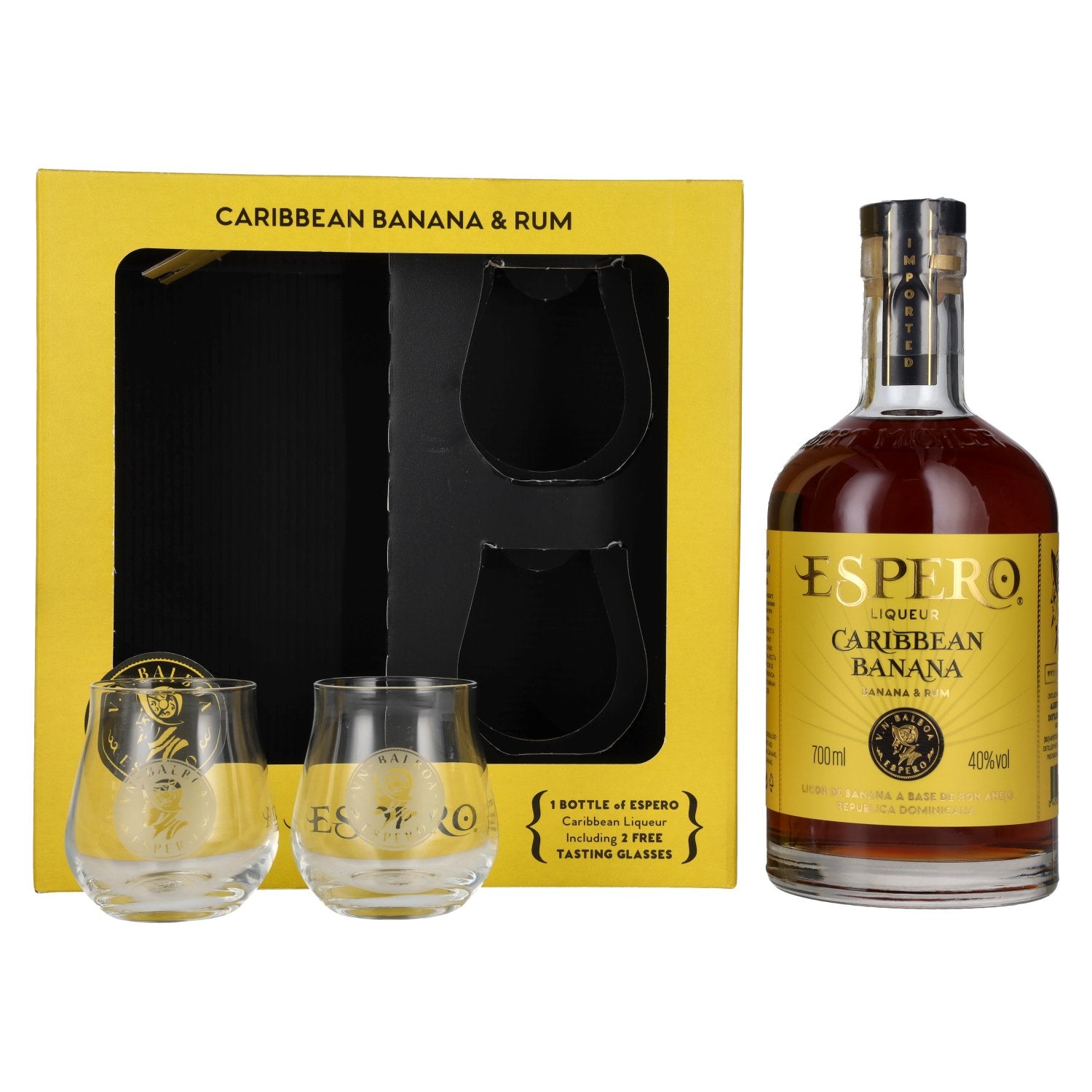 Ron Espero Caribbean Banana Rum Liqueur 40% vol. 0,7 l in geschenkverpakking met 2 glazen