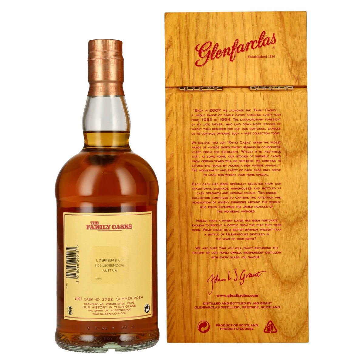 Glenfarclas THE FAMILY CASKS Single Cask SUMMER 2024 Refill Hogshead #3762 2001 54.7% vol. 0.7l in a wooden box