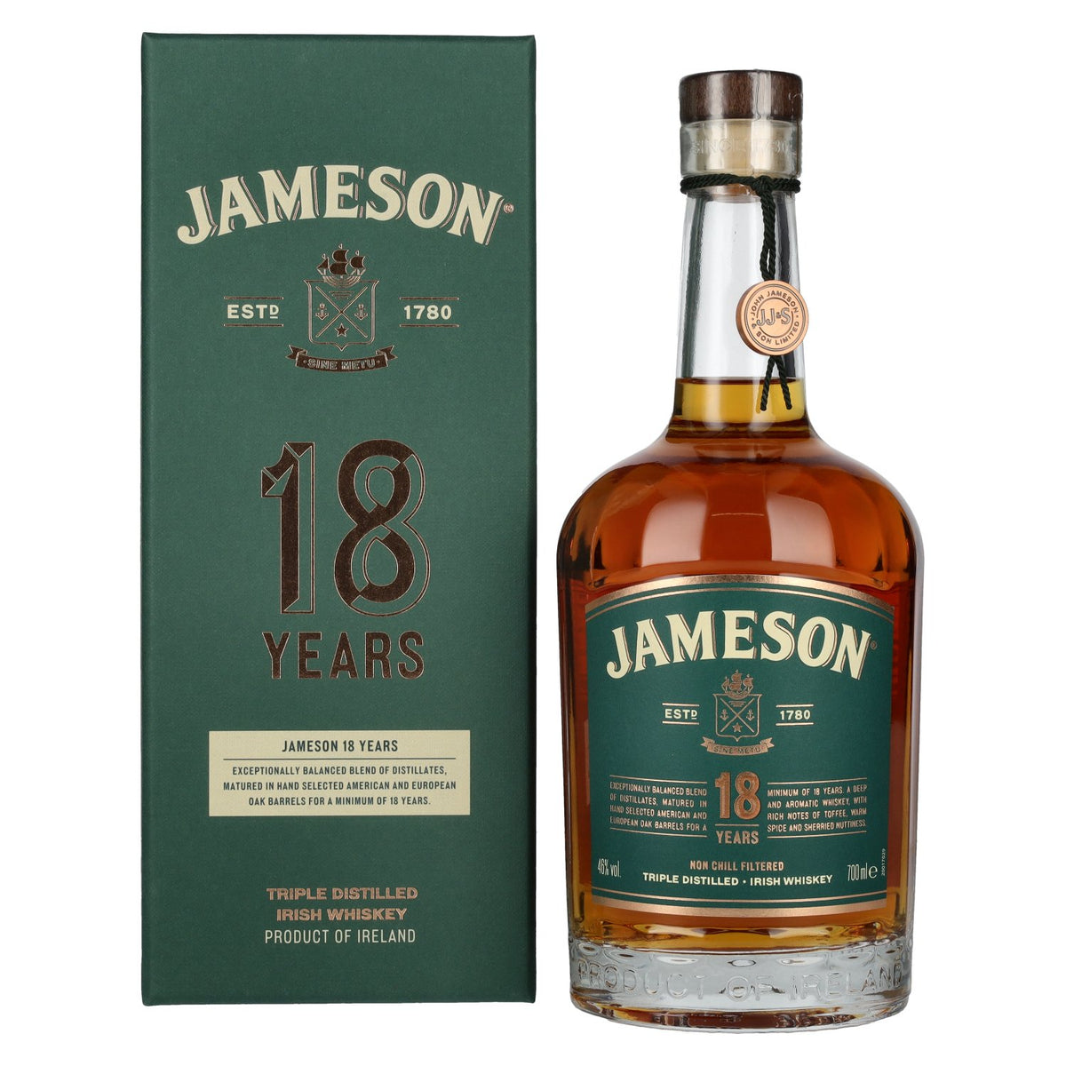 Jameson Whiskey irlandais 18 ans d'âge, triple distillation, 46 % vol., 0,7 l, dans un coffret cadeau
