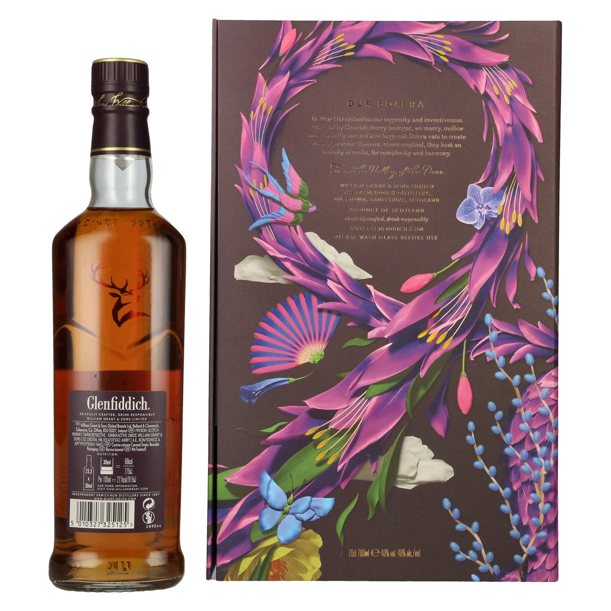 Glenfiddich 15 Solera, whisky single malt écossais, 40 % vol., 0,7 l, dans un coffret cadeau avec 2 verres