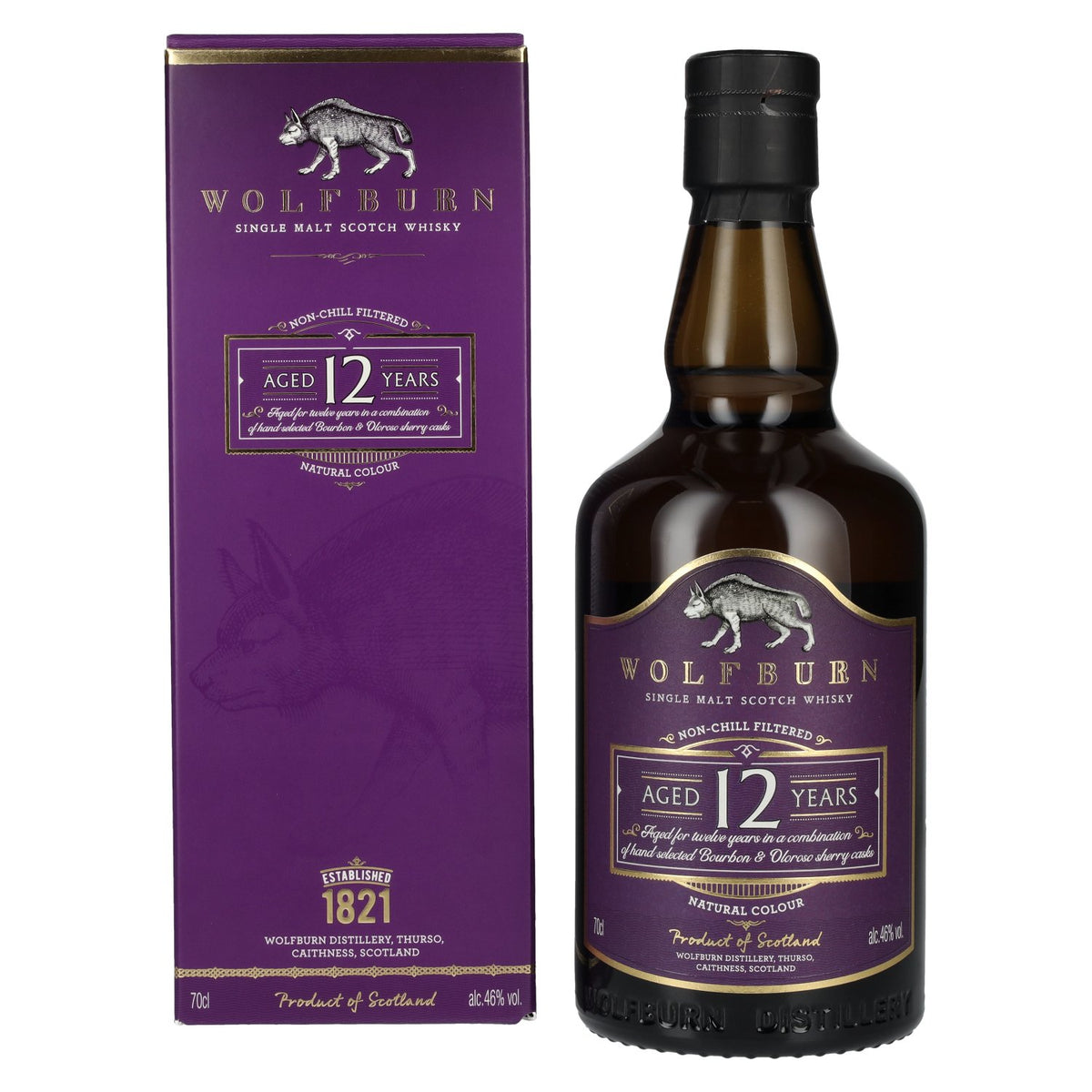 Wolfburn 12-Year-Old Single Malt Scotch Whisky, 46% ABV, 0.7 litres, in a gift box