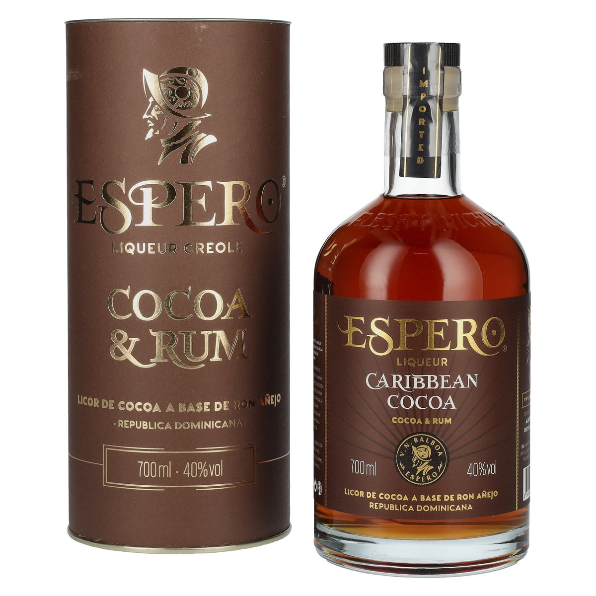Liqueur Ron Espero Caribbean Cocoa &amp; Rum 40 % vol., 0,7 l, dans un coffret cadeau