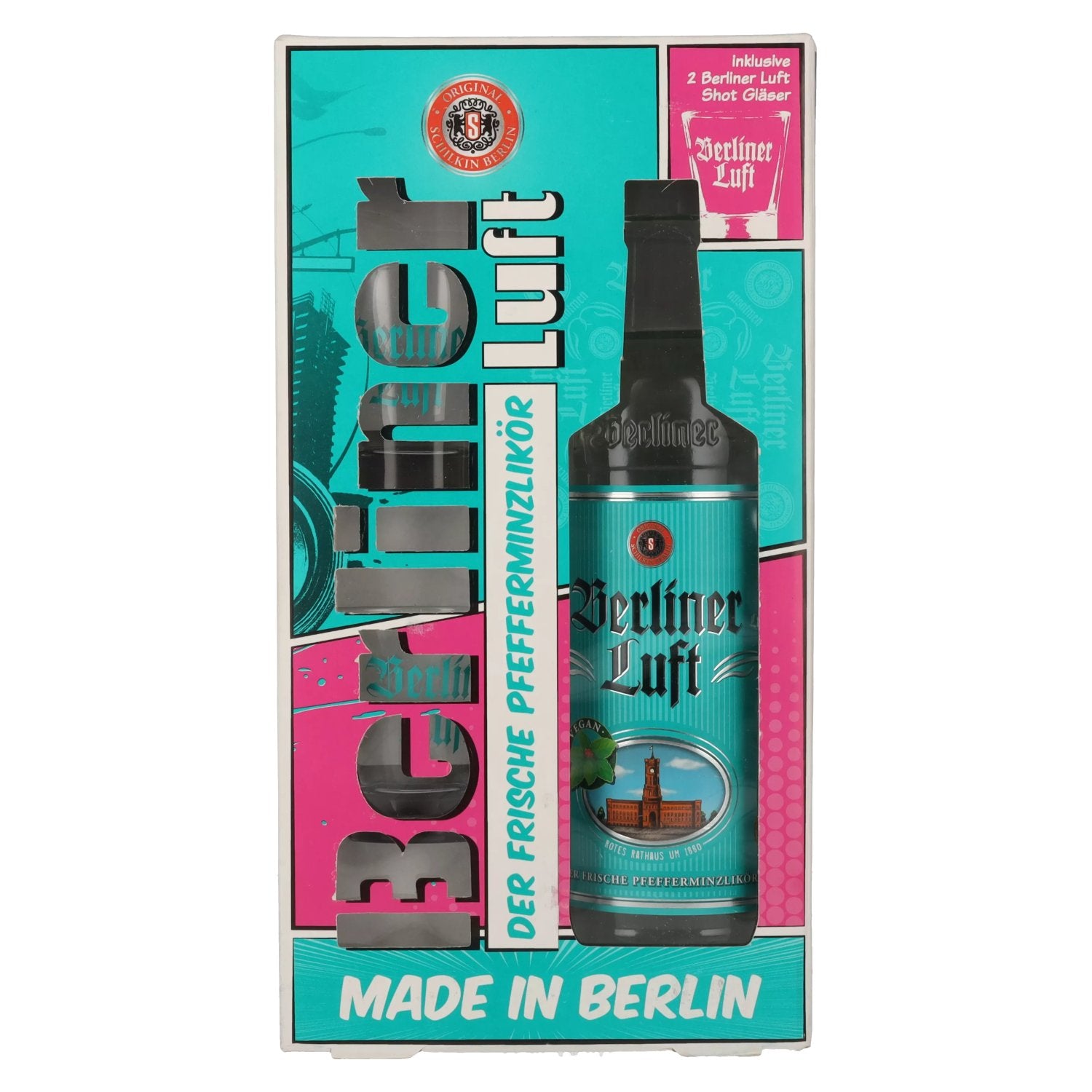Berliner Luft DER FRISCHE pepermuntlikeur 18% vol. 0,7l in geschenkverpakking met 2 glazen