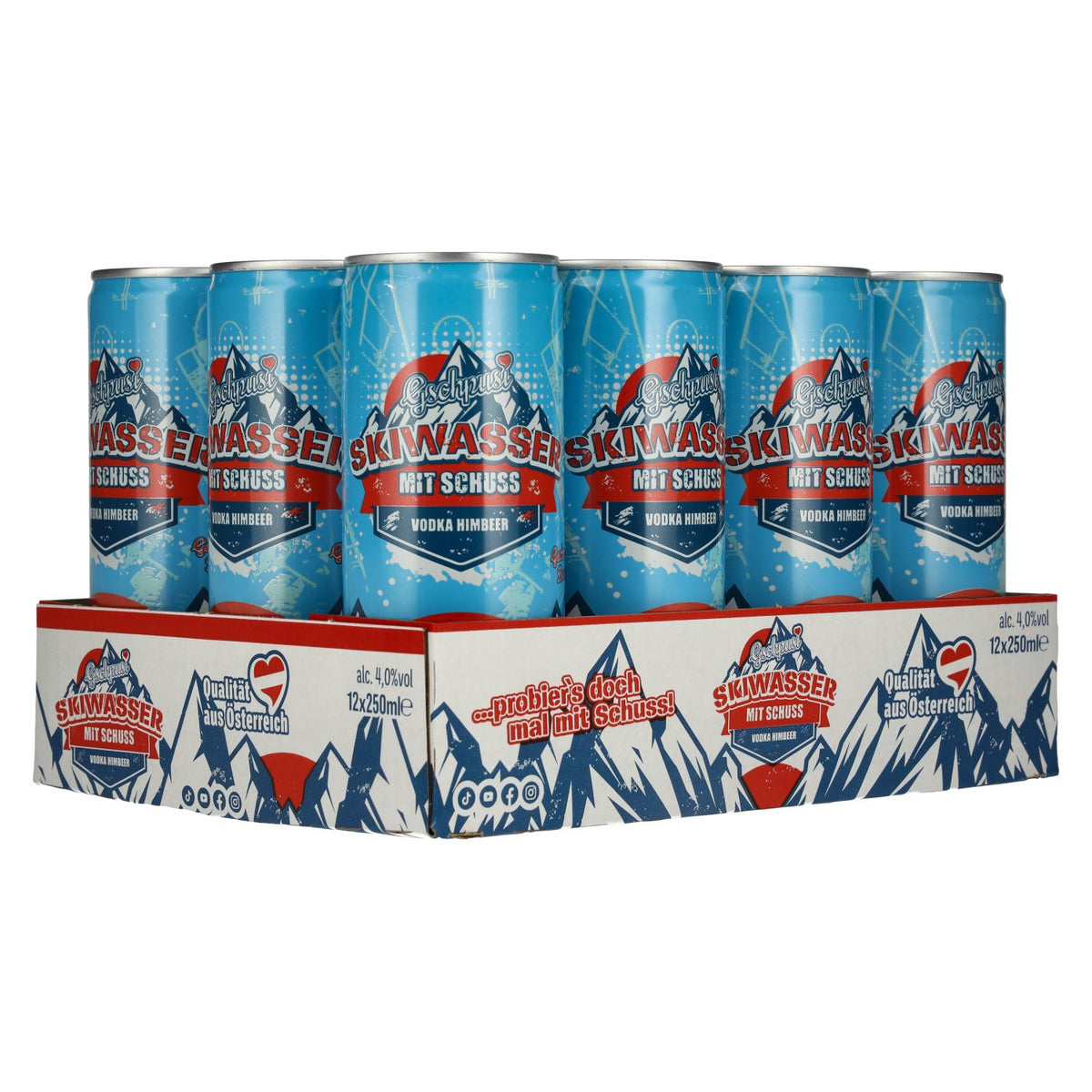 Gschpusi Skiwasser with a dash of alcohol, 4% ABV, 12 x 0.25-litre tins, deposit required