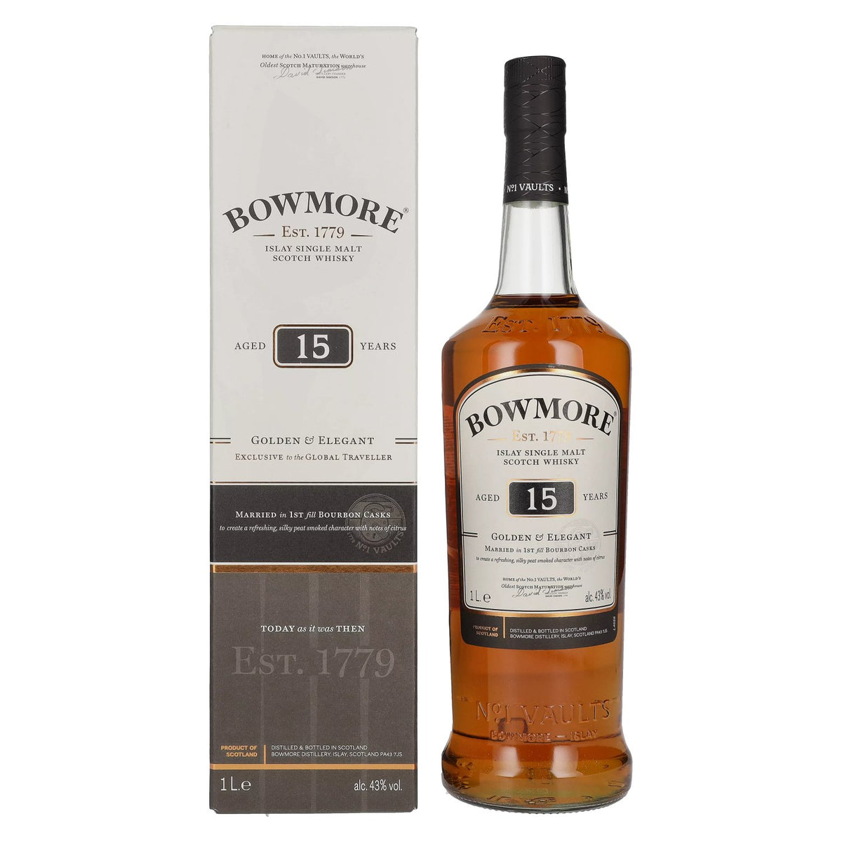 Bowmore 15 Years Old GOLDEN &amp; ELEGANT Travel Exclusive 43% vol. 1 l in geschenkverpakking