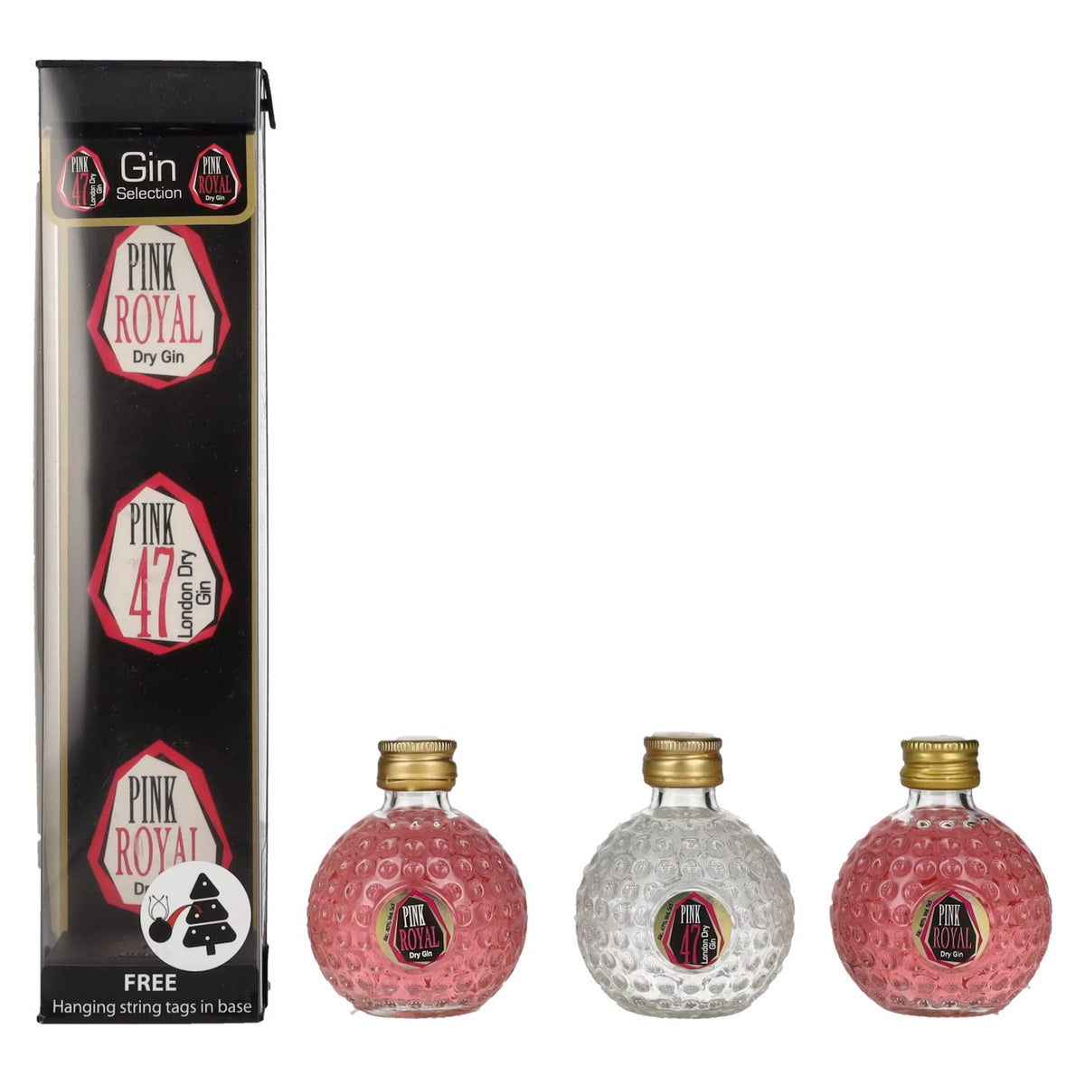 Pink Royal Dry Gin &amp; Pink 47 London Dry Gin kerstballen 42,3% vol. 3 x 0,05 l in geschenkverpakking
