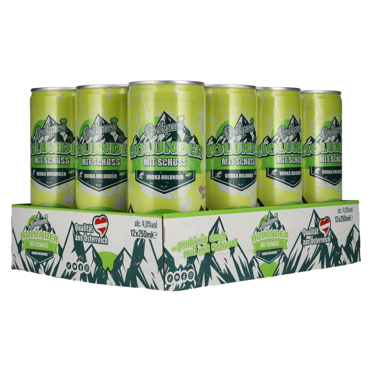 Gschpusi Elderflower with a splash of alcohol, 4% ABV, 12 x 0.25-litre tins, deposit required