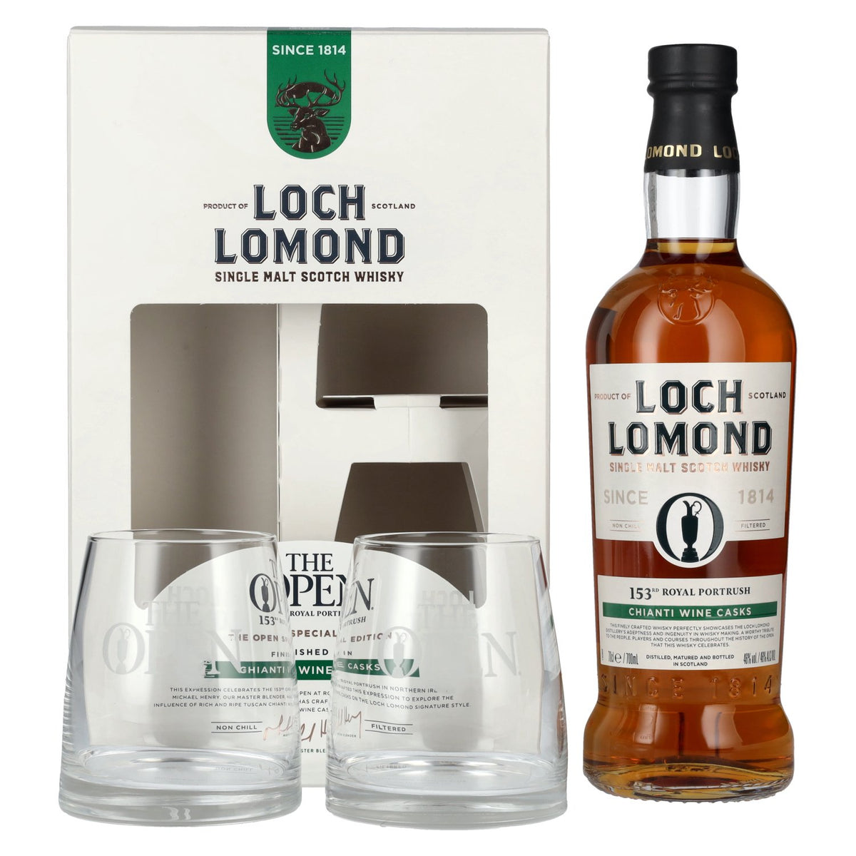 Loch Lomond THE OPEN SPECIAL EDITION 153rd Royal Portrush Chianti Wine 2025 46% ABV 0.7l in a gift box with 2 glasses