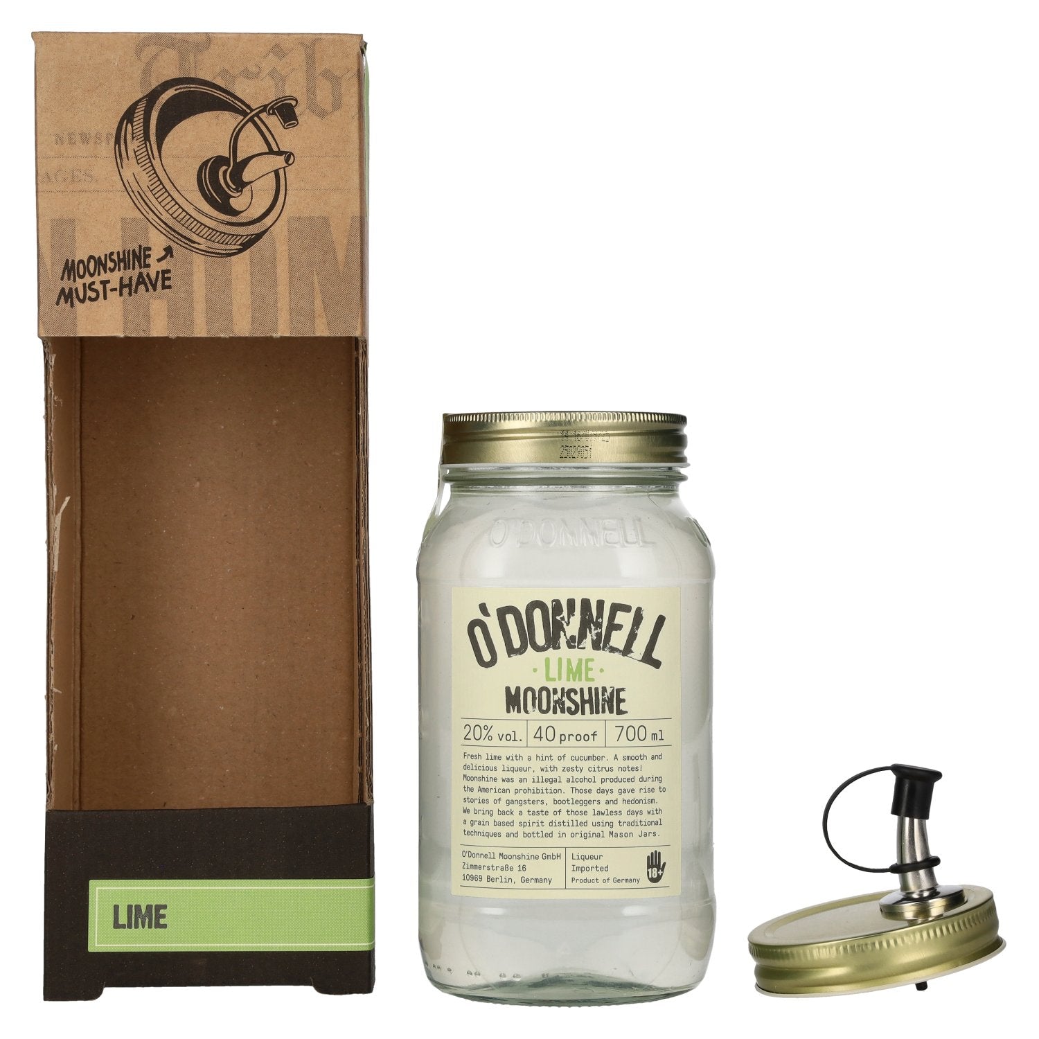 O'Donnell Moonshine LIME likeur 20% vol. 0.7l in geschenkverpakking met schenktuit