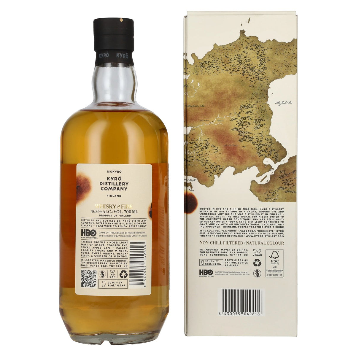Kyrö GAME OF THRONES Whisky of FIRE 100% gerookte gemoute rogge 46,6% vol. 0,7 l in geschenkverpakking