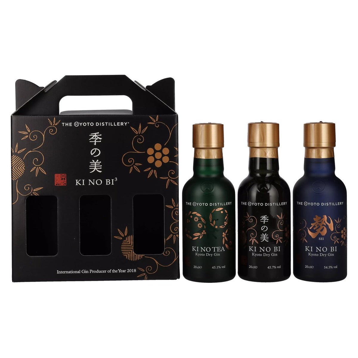 KI NO BI³ Kyoto Dry Gin, coffret de 3 bouteilles de 0,2 l à 48,4 % vol. dans un coffret cadeau