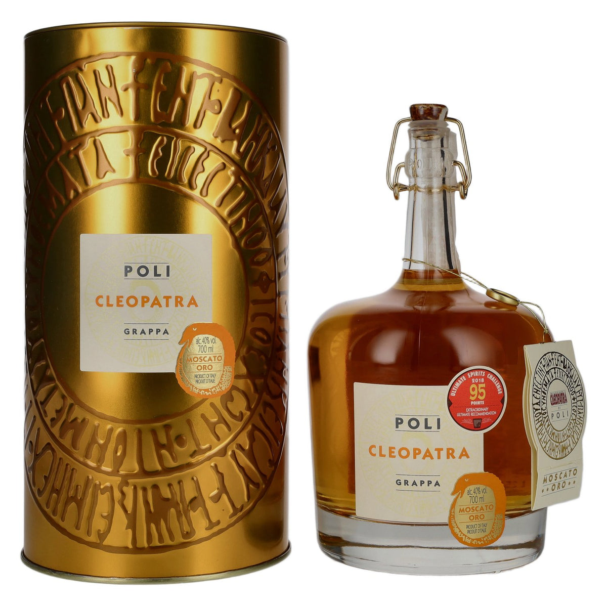 Poli Grappa Cleopatra Moscato Oro 40% vol. 0,7 l in blikken doos