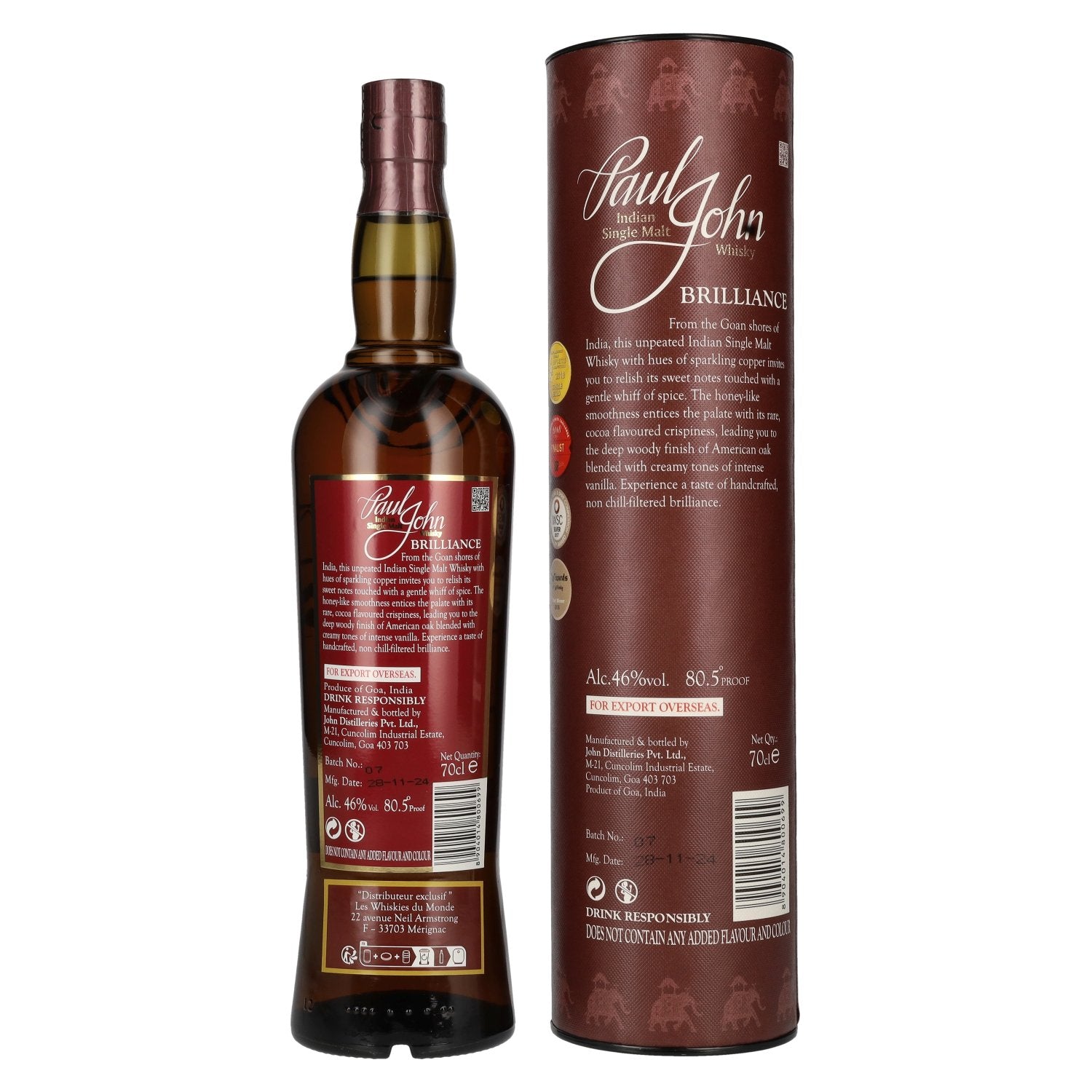 Paul John BRILLIANCE Indian Single Malt Whisky 46% Vol. 0,7l in Geschenkbox