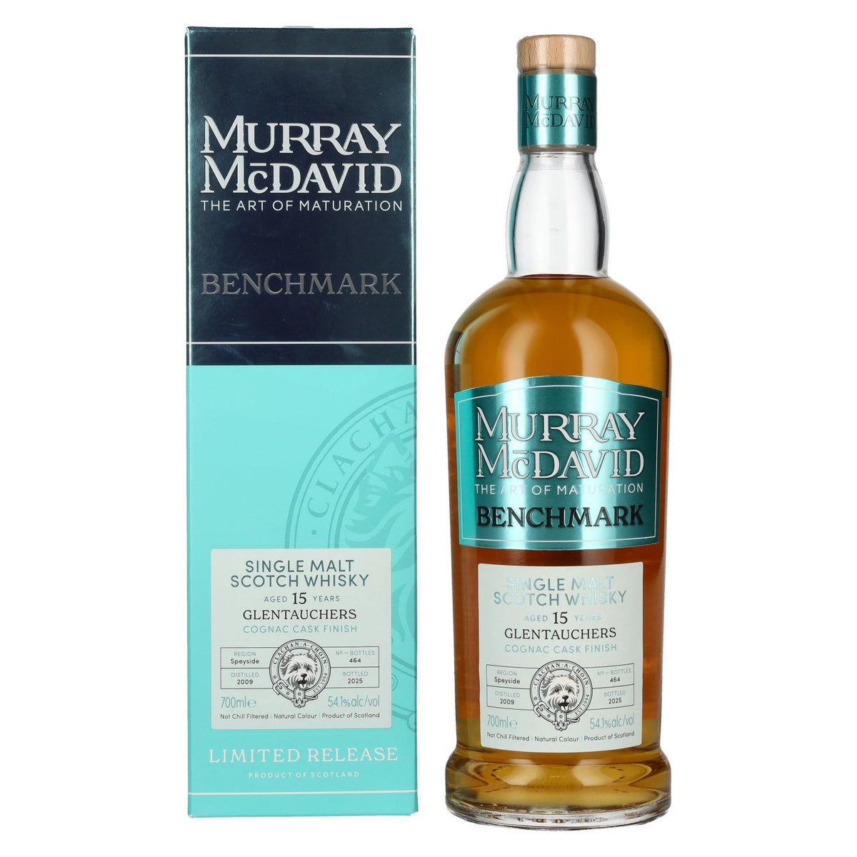 Murray McDavid Benchmark 15 ans d'âge Glentauchers, finition en fût de cognac, 2009, 54,1 % vol., 0,7 l, dans un coffret cadeau