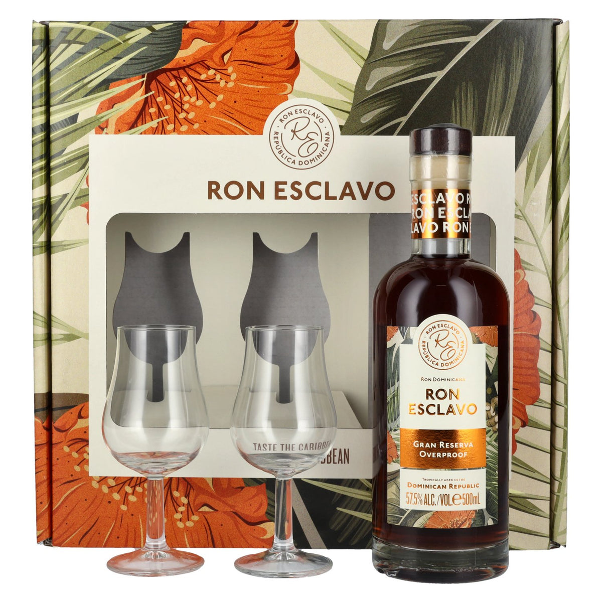 Ron Esclavo GRAN RESERVA OVERPROOF Ron Dominicana 57.5% ABV 0.5l in a gift box with 2 glasses