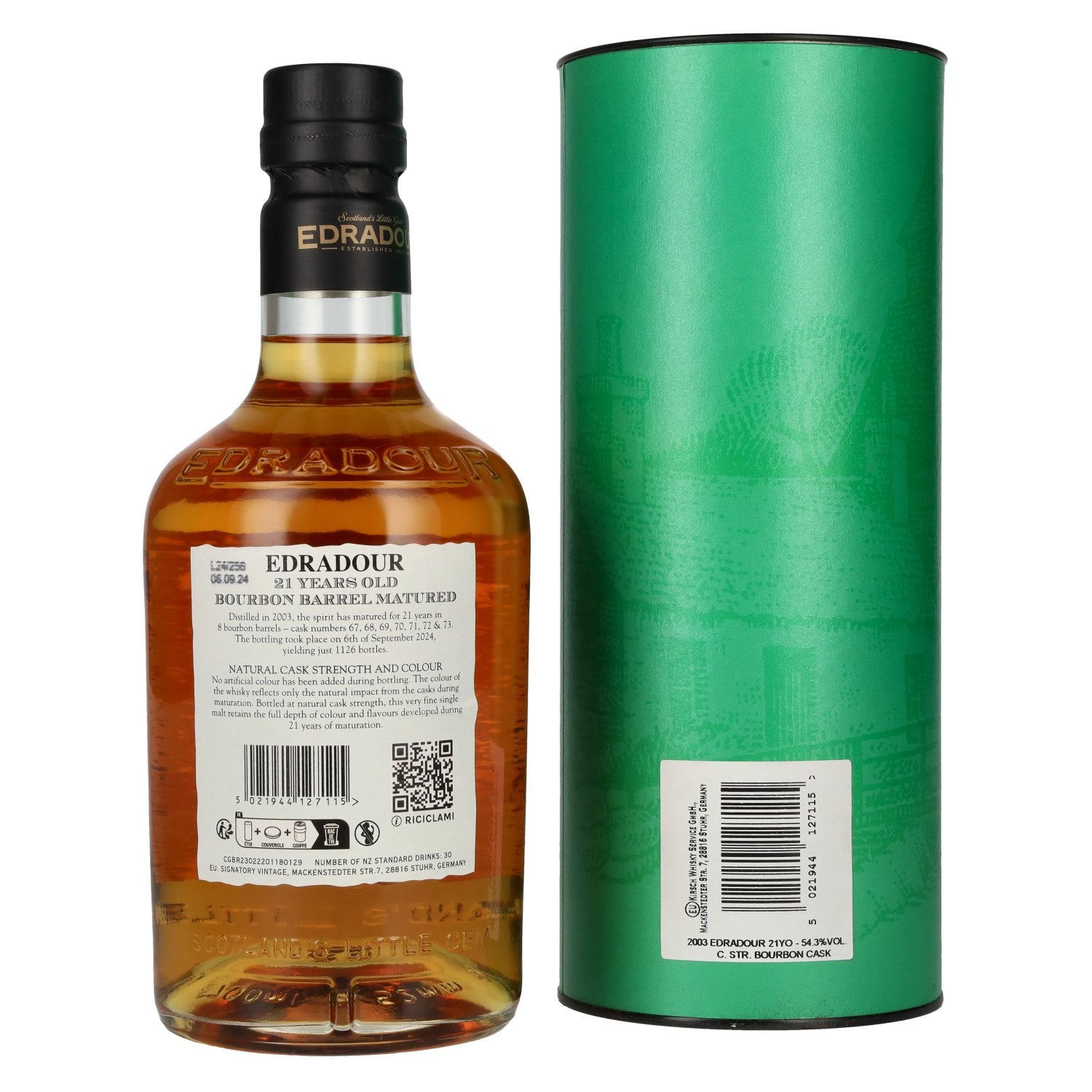 Edradour 21 Years Old Bourbon Barrel gerijpte Highland Single Malt Whisky 54,3% Vol. 0,7l in geschenkverpakking