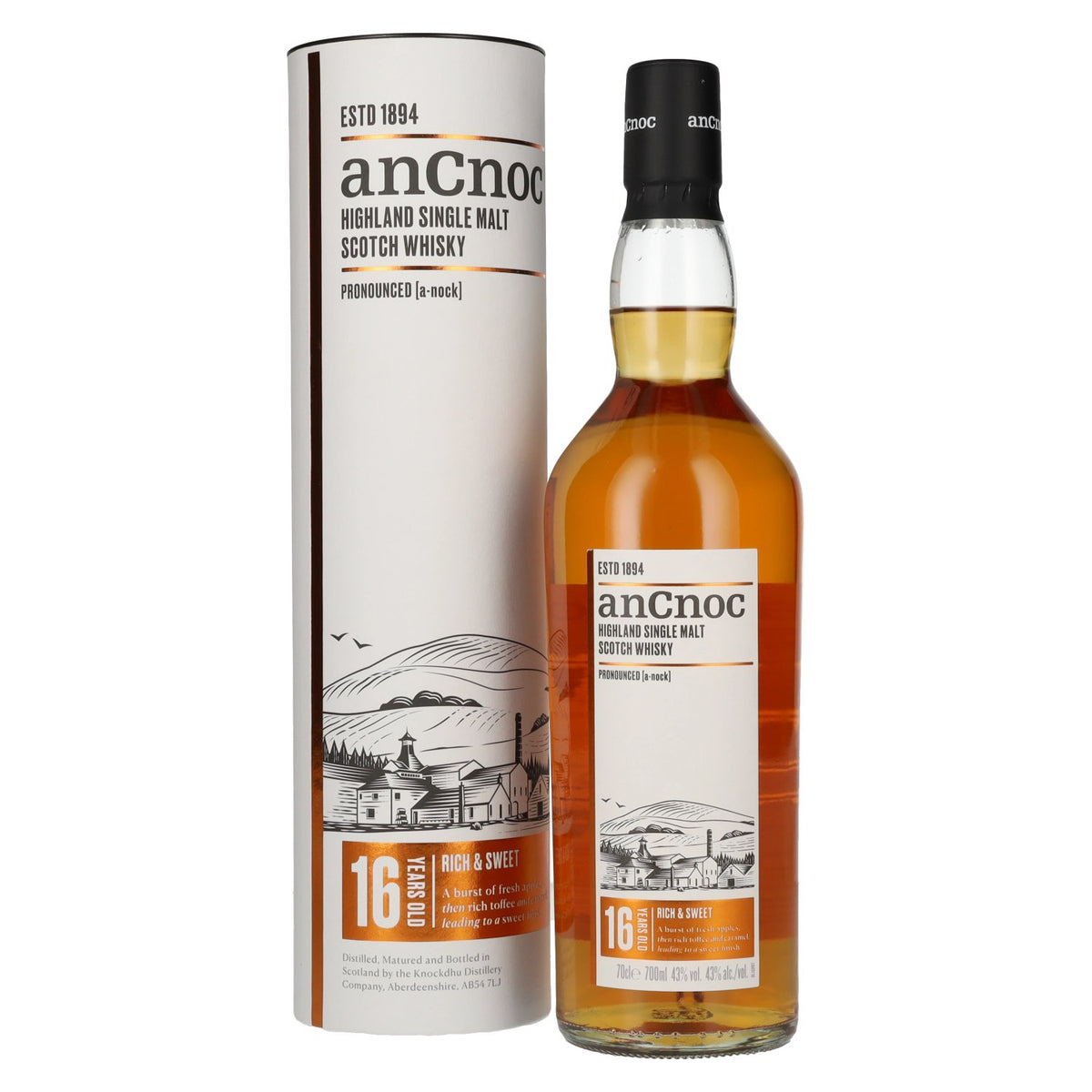 AnCnoc 16 ans d'âge, single malt des Highlands, 43 % vol., 0,7 l, dans un coffret cadeau