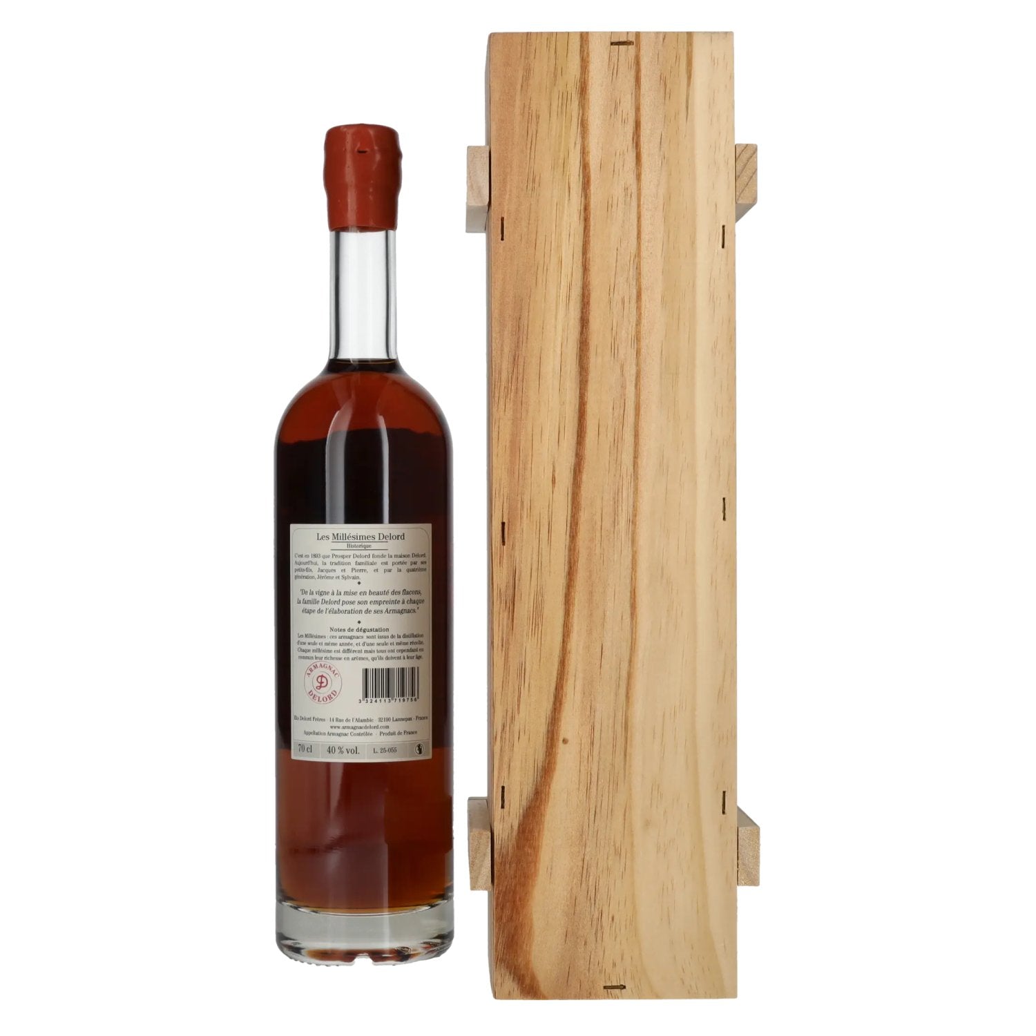 Vieil Armagnac Delord Vintage Récolte 1975 40% vol. 0,7l dans une caisse en bois