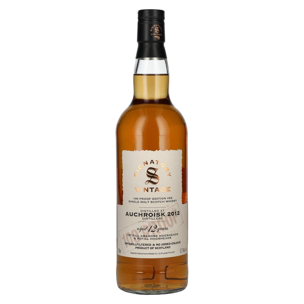 Signatory Vintage 100 Proof Edition Auchroisk Single Malt 12 ans d'âge n° 52 2012 57,1 % vol. 0,7 l