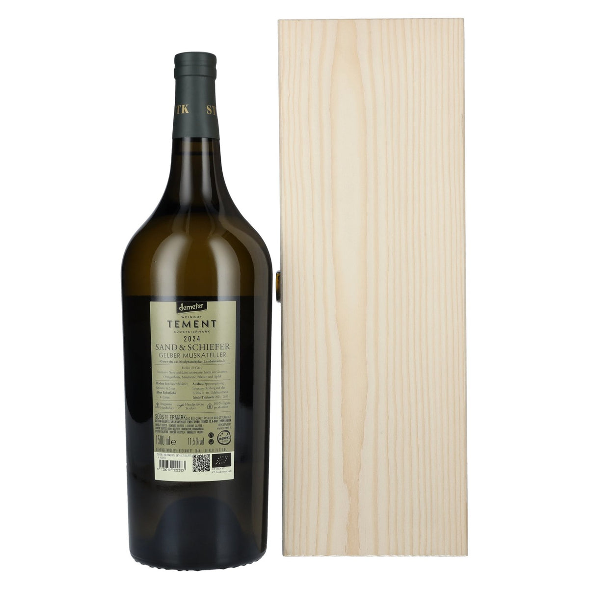 Tement Muscat jaune « Sand &amp; Schiefer » Südsteiermark DAC 2024 11,5 % vol. 1,5 l dans une caisse en bois